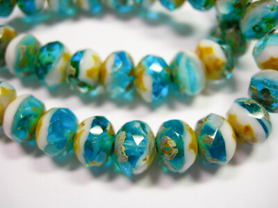 25 8x6mm Capri Blue White Blend Czech Glass Picasso Rondelle beads