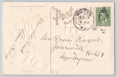 Postcard Happy New Year Art Nouveau Flowers & Lady Gold Gilt Embossed 1910 - Picture 2 of 2