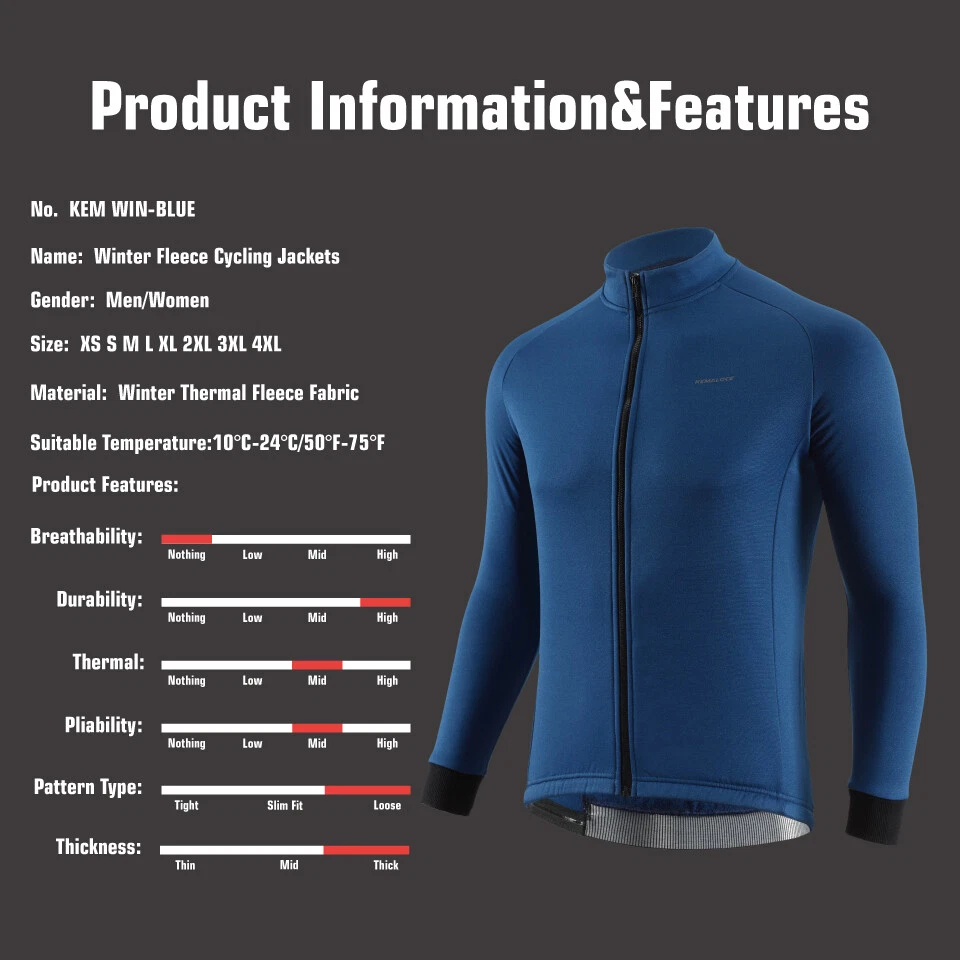 KEMALOCE Cycling Jacket Men Winter Solid Black&Blue&Grey Fleece S-XL Bike Jersey - Image 3 of 4