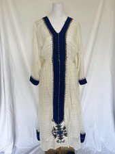 Ethiopian Cotton Dress White, blue, Gold Embroidery