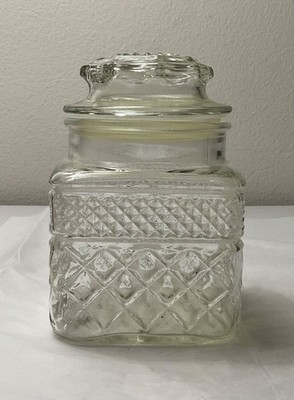 Vintage Square Apothecary Cut Glass Storage JAR  w/Lid  Anchor Hocking 7''