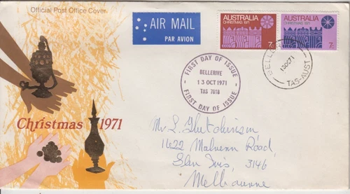 Stamps Australia 1971 Christmas pair on official FDC Bellerive Tasmania airmail