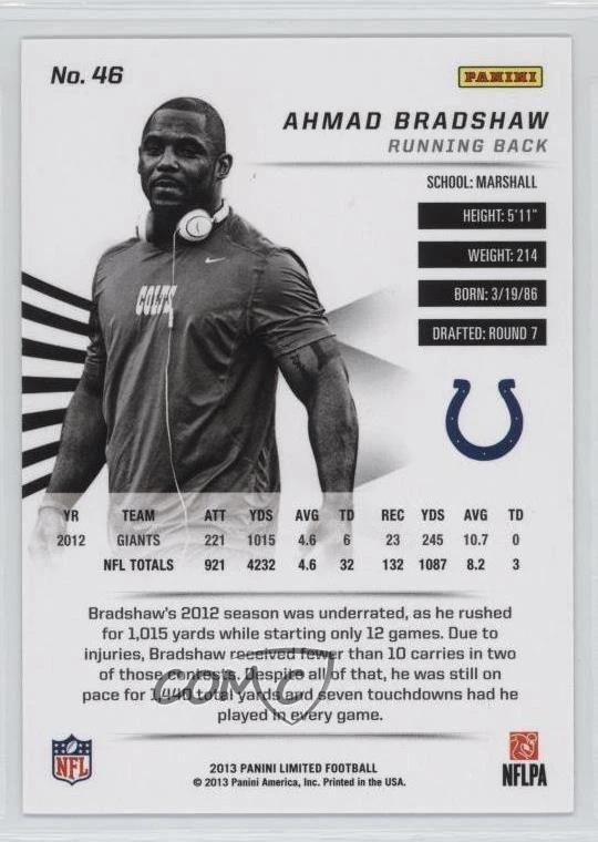 2013 Panini Limited Spotlight Silver /49 Ahmad Bradshaw #46 - Image 2 of 2