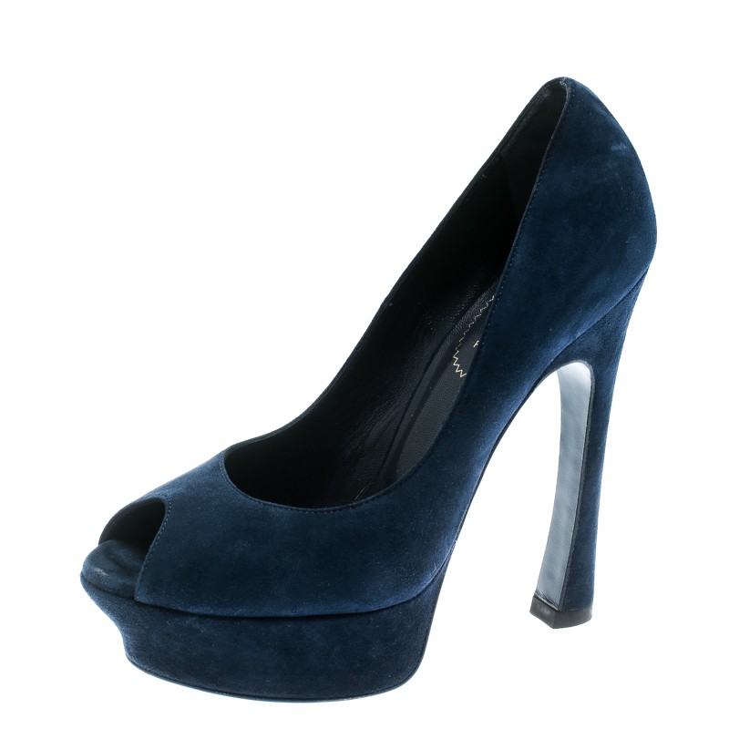Saint Laurent Blue Suede Palais Peep-Toe Platform Pumps Size 36