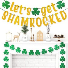 3pcs St. Patrick's Day Banner Decoration 7.5 Inch Gold Glittery Let's Get Sham