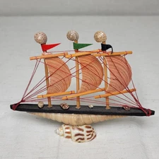 Vintage Seashell Sailboat Figurine – Nautical Coastal Decor – Handcrafted Shell