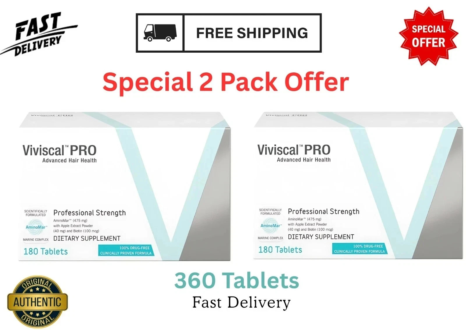 VIVISCAL PRO - Professional Hair Growth Tablets 180 Exp. 12/2027 (PACK OF 2)