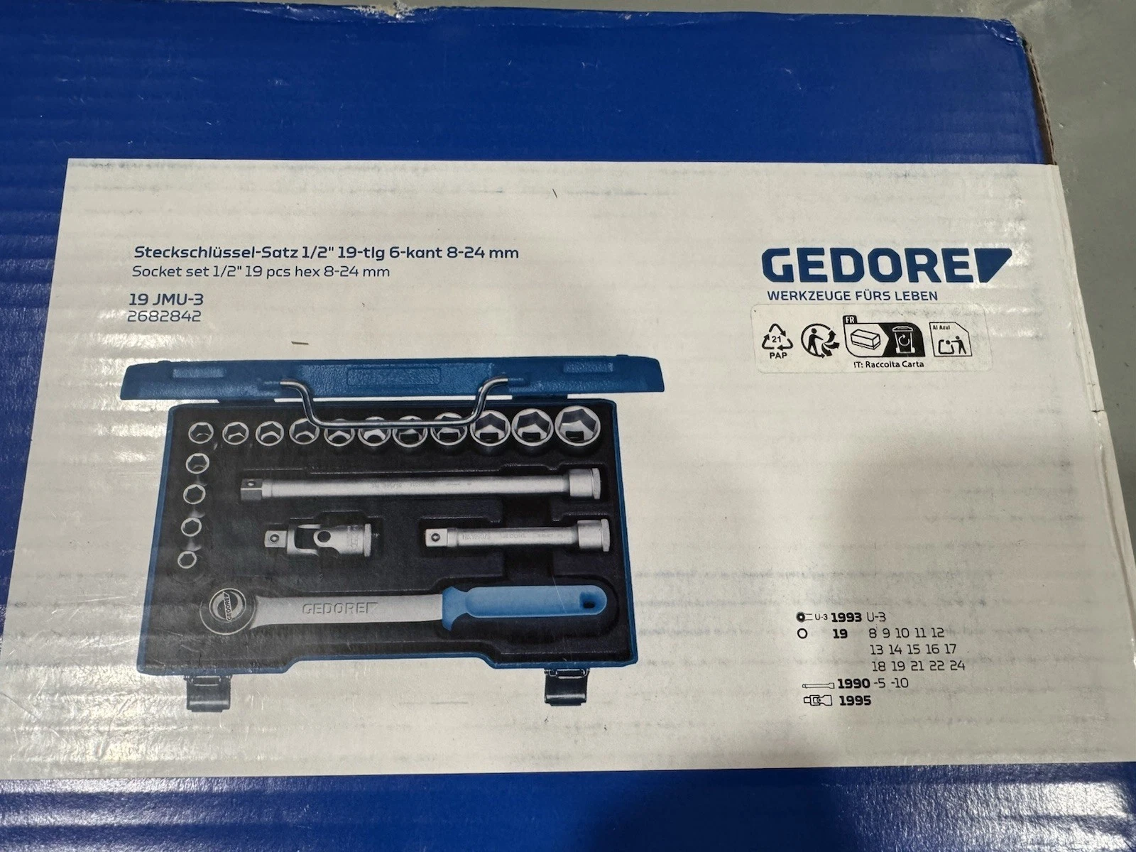 GEDORE 2682842 19 JMU-3 1/2" Socket Set 19pc 8-24mm Brand New Sealed 2