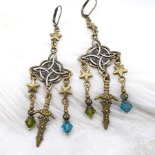 Bronze Celtic Knot Chandelier Earrings: Dagger Charm Rustic Medieval Jewelry
