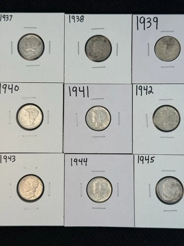 🤩Mercury Dime Coin Lot Of 9 Coins 1937-1945-P , 90% Silver AU+,BU Luster FB 10C