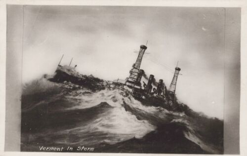 USS Vermont BB-20 In Storm US Navy Ship RPPC Real Photo Postcard