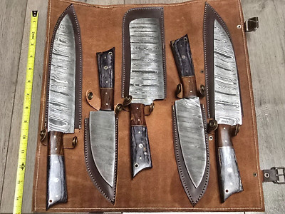 5pc Custom Damascus Kitchen Knife Set w/ Beautiful Full Tang Blades Great Gift!