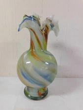 Murano Style Art Glass Crimped Vase 9.25 " Swirl Multi Color