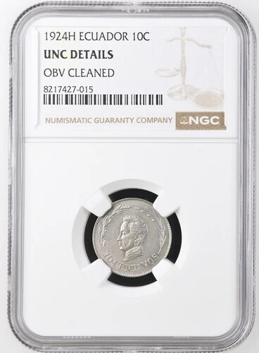 ECUADOR  10  CENTAVOS  1924 H KM # 66 NGC UNC DETAILS.