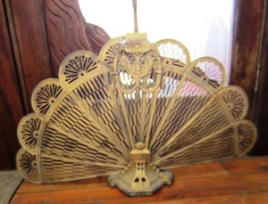 Antique Mid Century Brass Fan Fireplace Screen Horsehead Handle Ebay