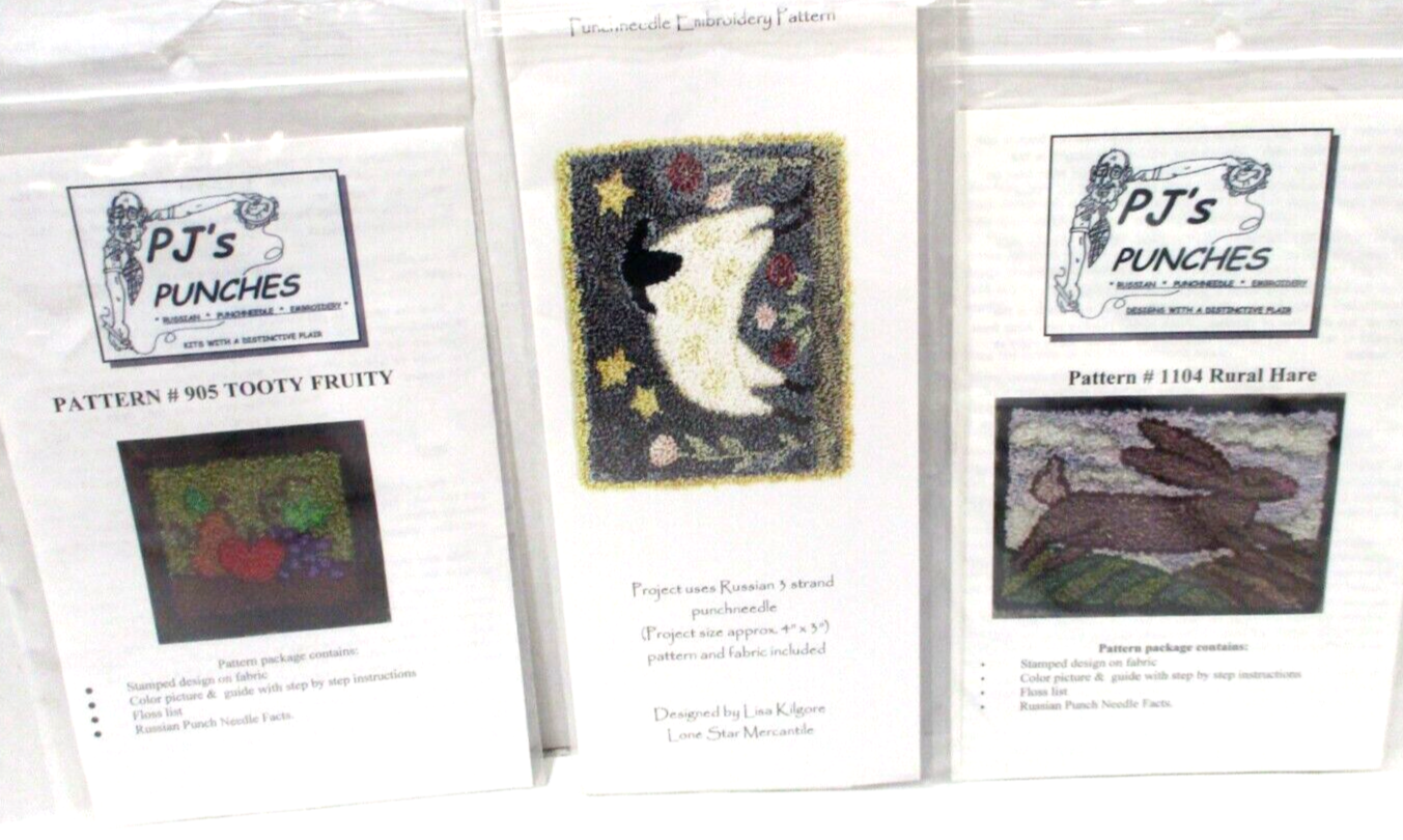 3 Russian Punch Needle Embroidery Designs Rural Hare, Midnight Run