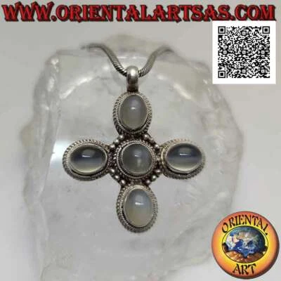 Pendentif en Argent 925‰ Croix Grecque Avec Cinq Pierres De Lune (Pierre Lune) - Photo 1/4