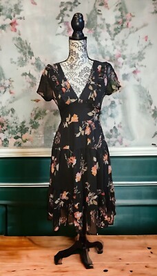 New Look A-Line V Neck Ruffle Embellished Sheer Floral Dress Size 12 In  Black | eBay