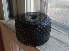 1830s PONTILED BLACKGLASS 3 MOLD BLOWN NEW ENGLAND DIAMOND GEOMETRIC INKWELL