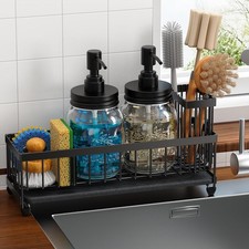 Mason Jar 16 oz Liquid Soap Dispensers Set with Large Kitchen Sink Caddy, Bla...