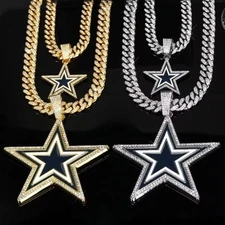 Dallas Cowboys Gem Chain Gold Silver Star Pendant Iced Out Cuban Necklace 2 Size