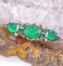 Rare Miriam Haskell Flawed Emerald Glass Rhinestone Beaded Wire Brooch Signed