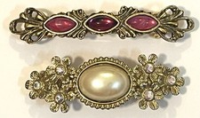  2 VTG 1928 Jewelry Co Hair Barrettes Gold Tone Faux Gems Made in France