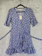 KILIBBI Blue, White & Gold  Floral Midi Wrap Dress Size S/M Pit2Pit 16"