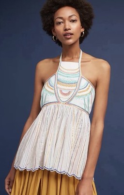 Anthropologie Floreat Embroidered Metallic Halter Tank Multi Colored US Size 8