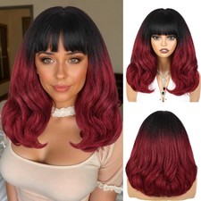 Dark Red Short Yaki Wigs with Bangs Ombre Burgundy Natural Curly Bob Wigs for...