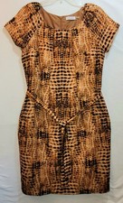 Calvin Klein Shift Dress Sz 10 Brown Black Animal Short Sleeve Tie Belt Back Zip