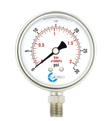 CARBO INSTRUMENTS 2" Pressure Gauge, Stainless Steel Case, Liquid Filled, Lower Mnt, 30 PSI