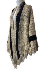 Vtg Shawl Poncho Cape 1980s Handmade Knit Crochet Fringe Tan Black Herringbone