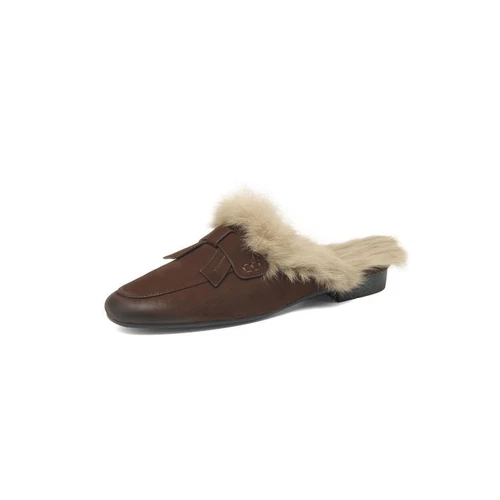 Rabbit Casual Suede Leather Flats Soft Womens Slip On Shoes Warm Mules Slipper