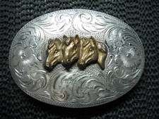 STERLING SILVER TRIPLE HORSES BELT BUCKLE VINTAGE RARE DIABLO MFG 76g 1970s