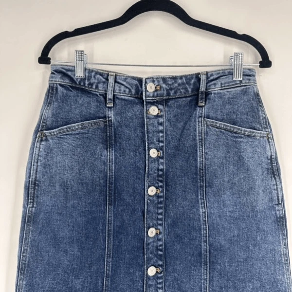 Antigua Falda Midi Denim Azul Marino Botón Frontal Talla 4 Tiro Alto Secreto Bolsillo Adelgazante Foto 3 de 4