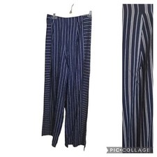 Prettylittlething Navy Blue Striped High Side Slit Pants