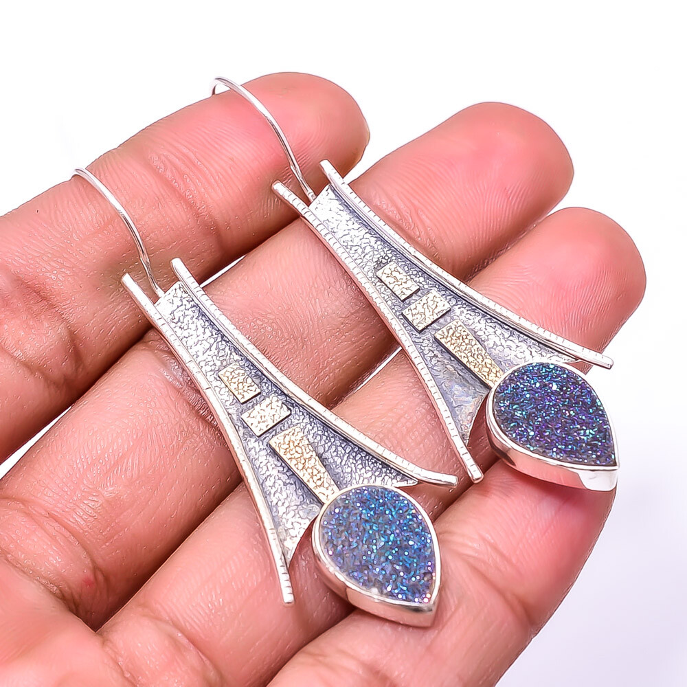 Blue Titanium Agate Drusy Oxidized 925 Silver Designer Earrings 2.34 Inches E3