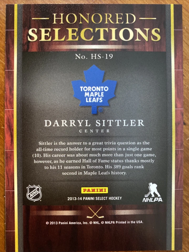 13-14 Panini Select Hockey Honored Selections HS-19 Darryl Sittler - Image 2 of 2