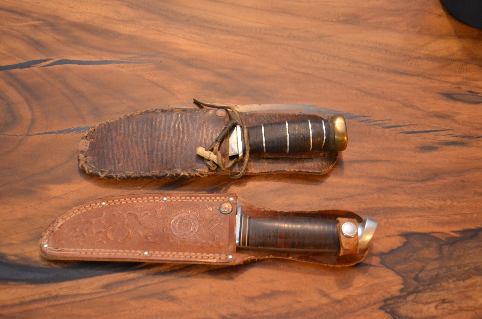 Pair of Vintage Knives Western Field Hunting Knife W/leather Sheath