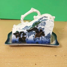 Antique Flow Blue Cheese Dish  w/ blue floral Dome Lid Victorian Kitchen 