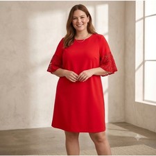 Lane Bryant plus size red sheath pullover dress lace arms keyhole back sz 14/ 16