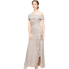 Alex Evenings Women's Long Foldover Off The Shoulder Gown, Buff Lace, Sz 12
