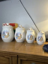 Cute Cat jars Tienshan Purrfect Friends Stoneware Vintage  Set Of 4 Canisters