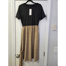 Black Ribbed Leopard Print Midi Dress Short Sleeve Tie Waist M Minimalist Offic
