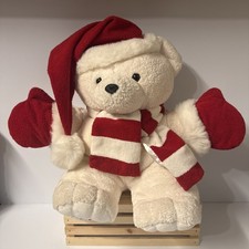 21 Dan Dee White Teddy Christmas Bear Red Santa Hat Mittens Scarf Vtg Plush 04