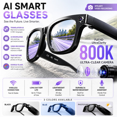 AI Smart Glasses 800k HD Camera Video Recording Translation Bluetooth Photochrom