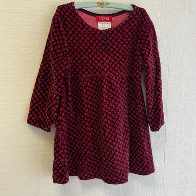 Vintage 90s Esprit Girls Dress 4T | Red Floral Long Sleeve Dress | Retro Toddler