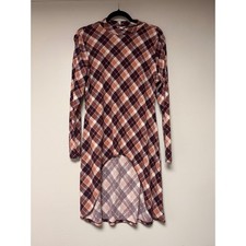 Cato High Low Dress Womens L Large Long Sleeve Plaid Burgundy Tan Career