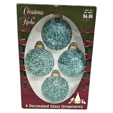 Christmas by Krebs Decorated Blue Green Glass Ornaments Irrescent Glitter w/Box